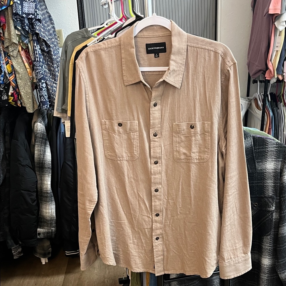 Lucky Brand Taupe Long Sleeve Casual Button Down Shirt